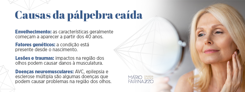 Causas da pálpebra caída. Envelhecimento: as características geralmente começam a aparecer a partir dos 40 anos. Fatores genéticos: a condição está presente desde o nascimento. Lesões e traumas: impactos na região dos olhos podem causar danos à musculatura. Doenças neuromusculares: AVC, epilepsia e esclerose múltipla são algumas doenças que podem causar problemas na região dos olhos.